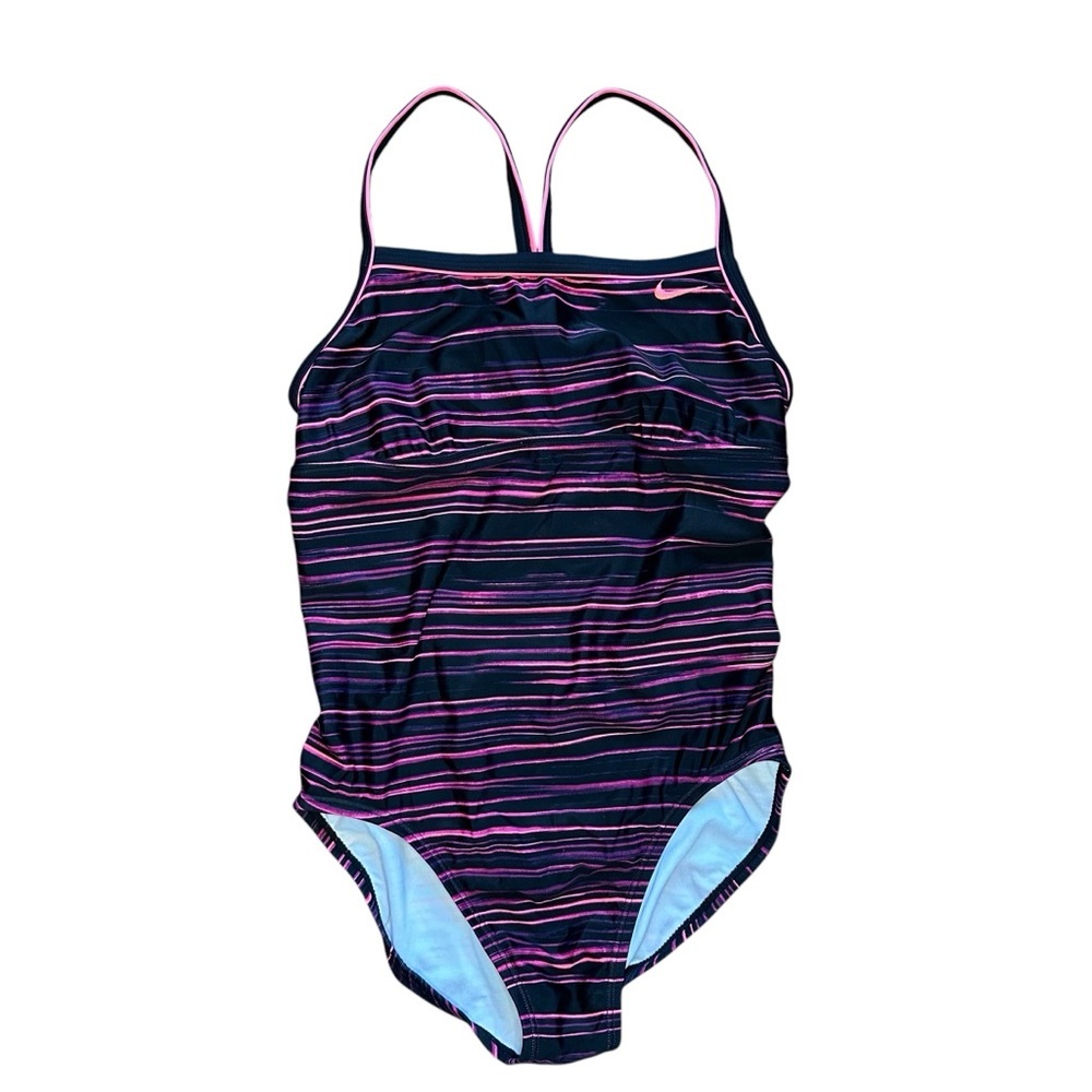 EUC Nike Racerback One-Piece Swimsuit – Black & Hot Pink Striped – Size 12